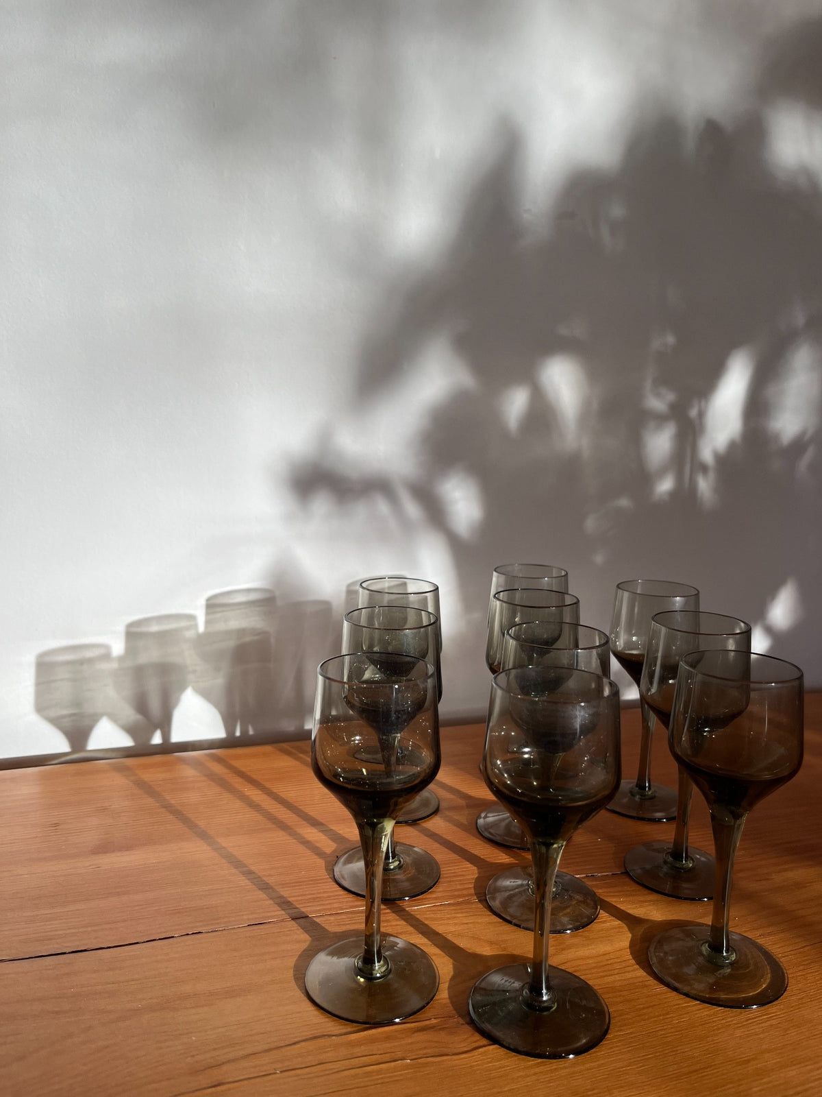 Set of 9 Vintage Smoke Glass Wine Glasses