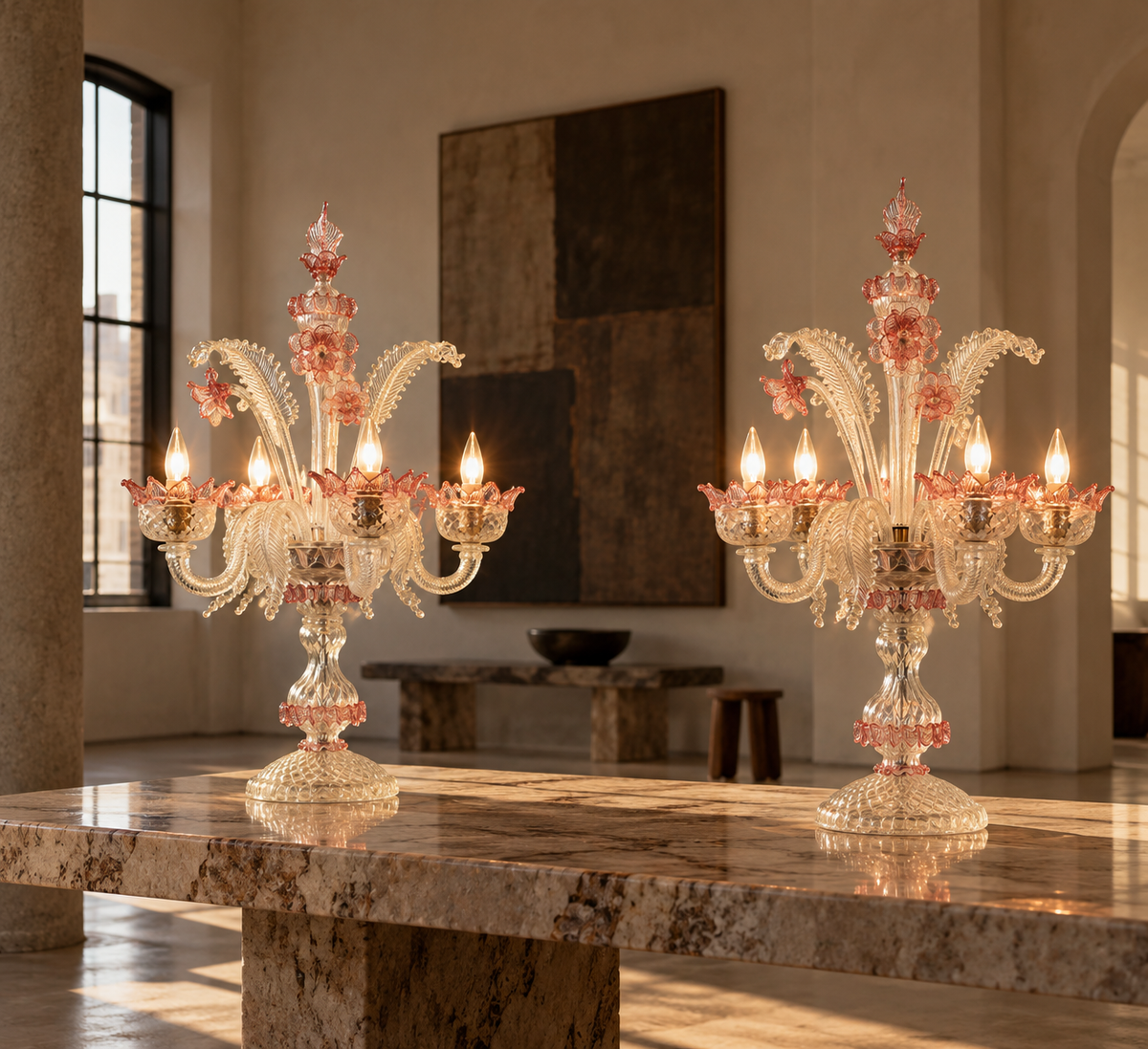 Rare Pair of Vintage Murano Pink & Clear Floral Lamps
