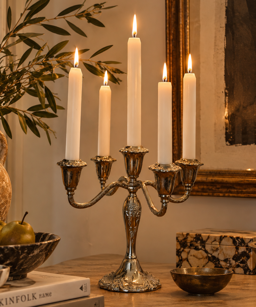 Vintage Silver-Plated Five-Light Rococo Revival Candelabra