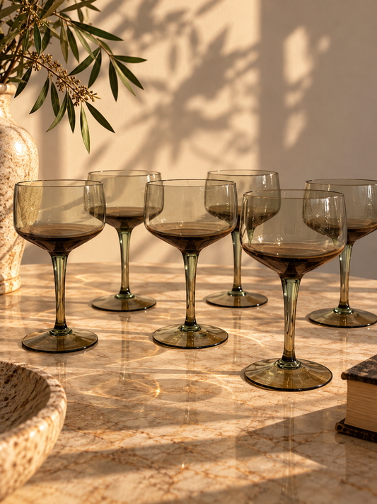 Set of 7 Vintage Smoke Glass Coupe Goblets