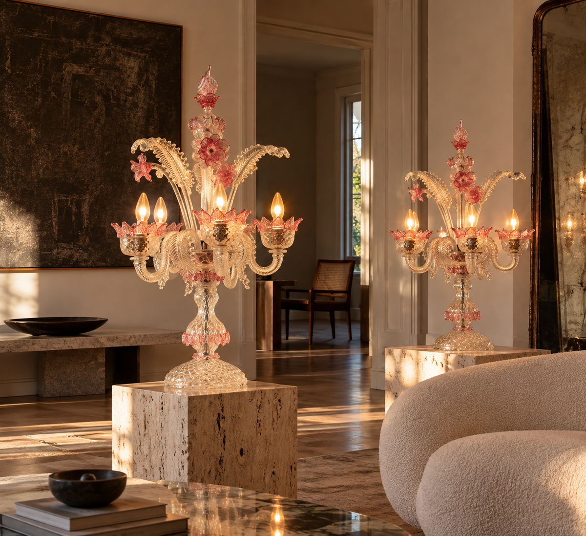 Rare Pair of Vintage Murano Pink & Clear Floral Lamps