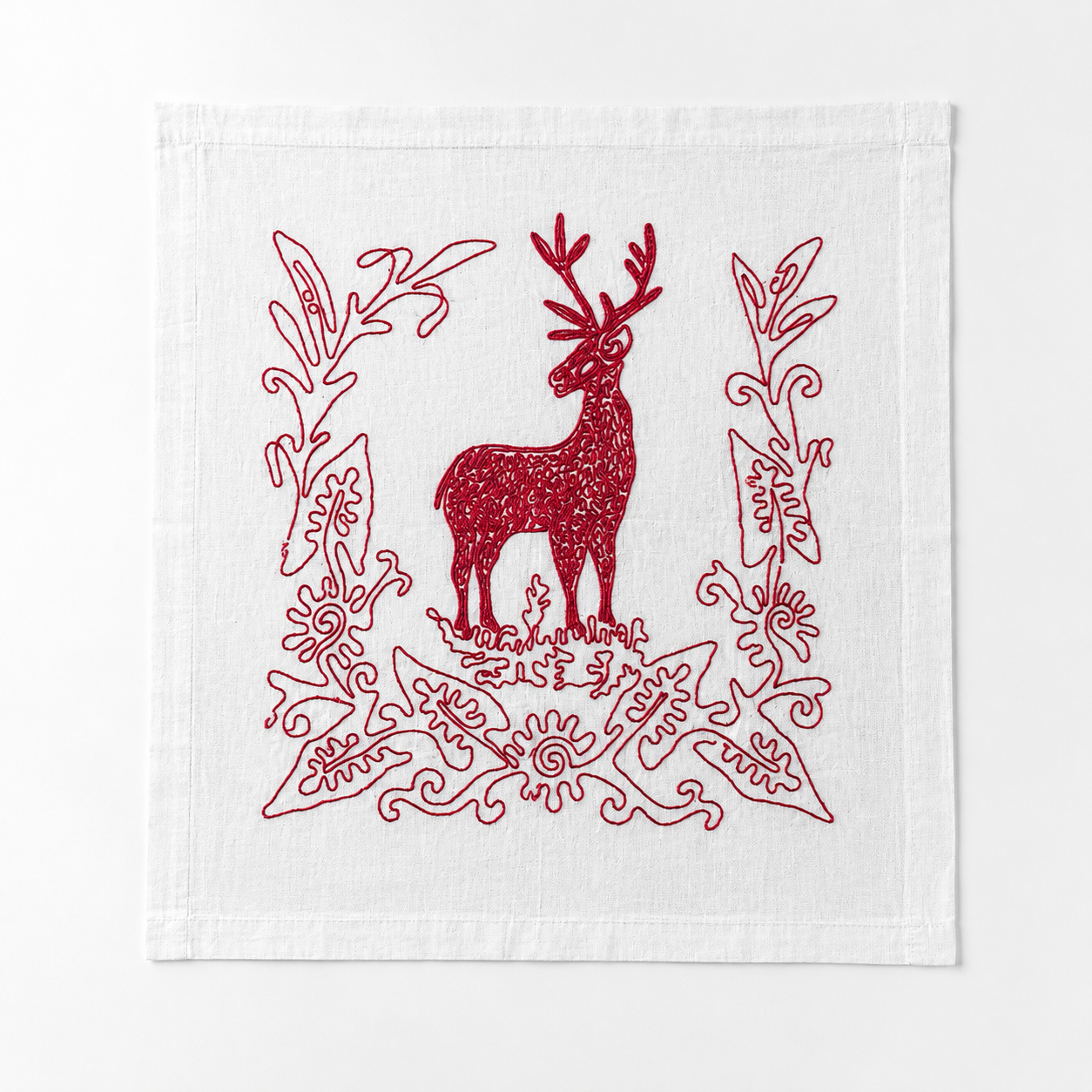 Vintage French Embroidered Stag Linen