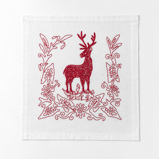 Vintage French Embroidered Stag Linen