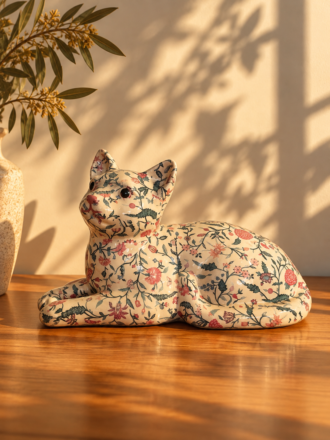 Vintage Floral Ceramic Cat Figurine