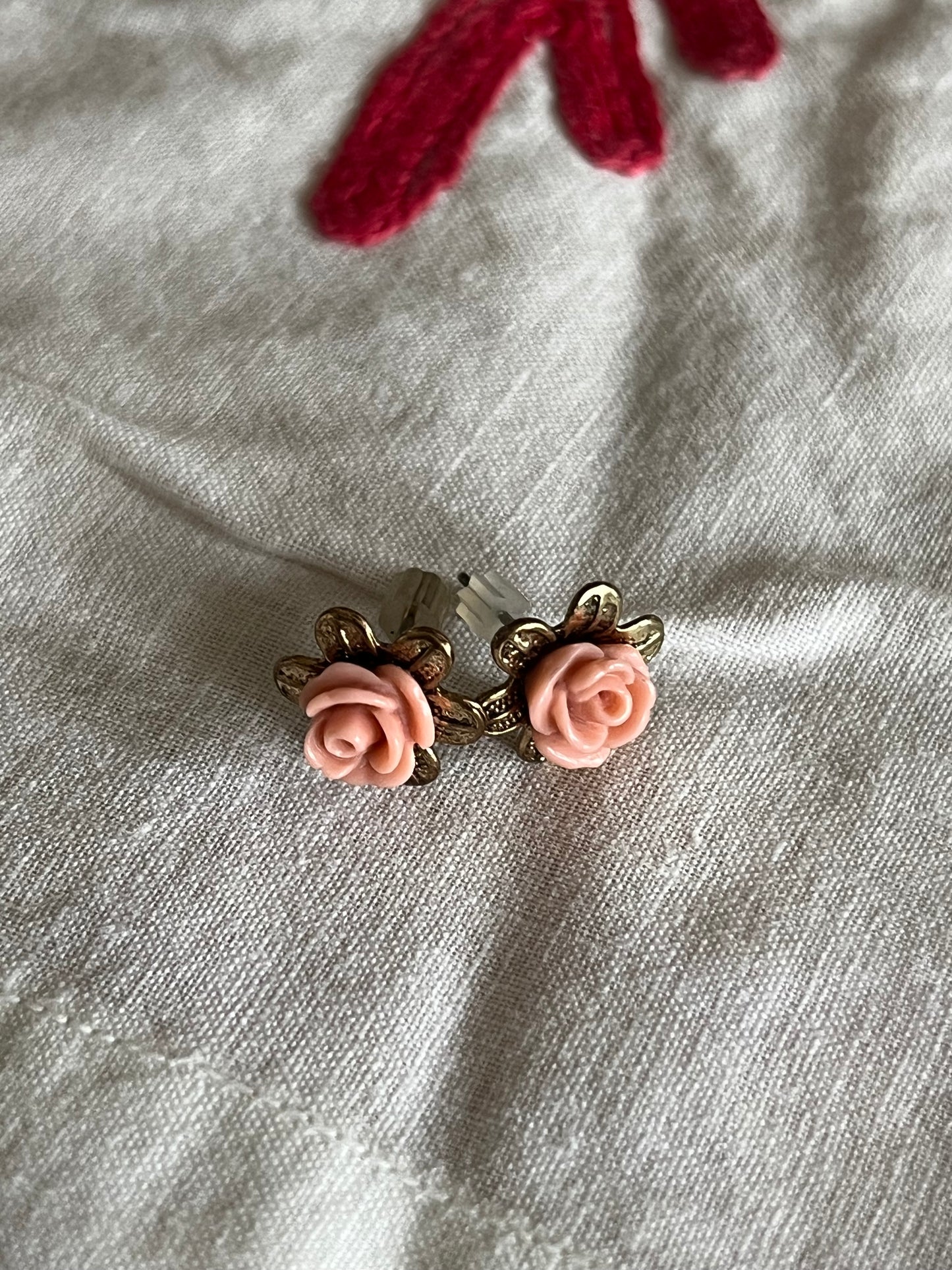 Vintage Pink Rose Gold-Tone Flower Earrings