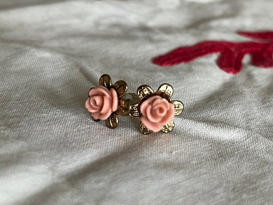 Vintage Pink Rose Gold-Tone Flower Earrings