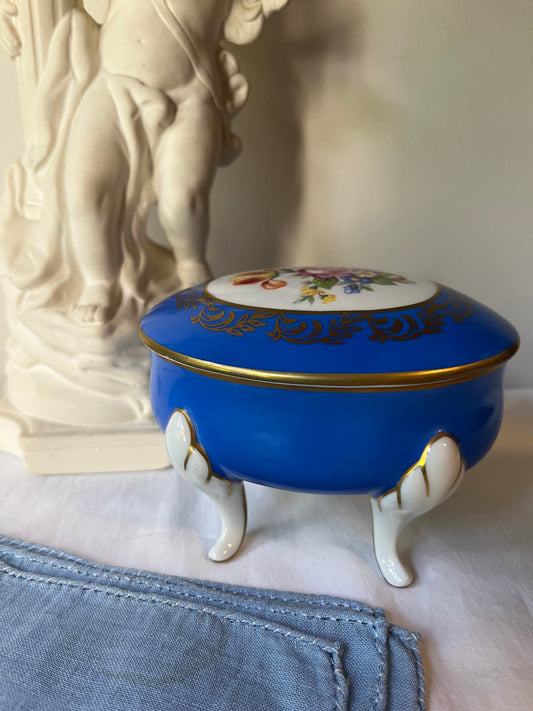 Vintage Ilmenau East German Blue Floral Porcelain Trinket Box