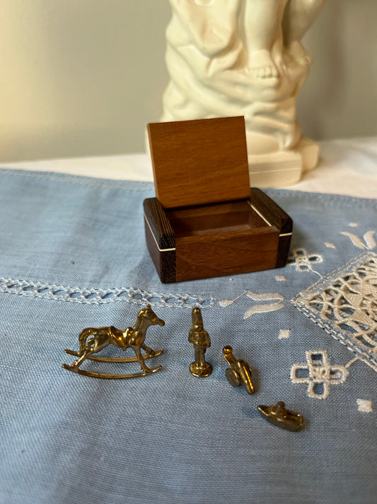 Vintage Miniature Brass Figurines in Wooden Box
