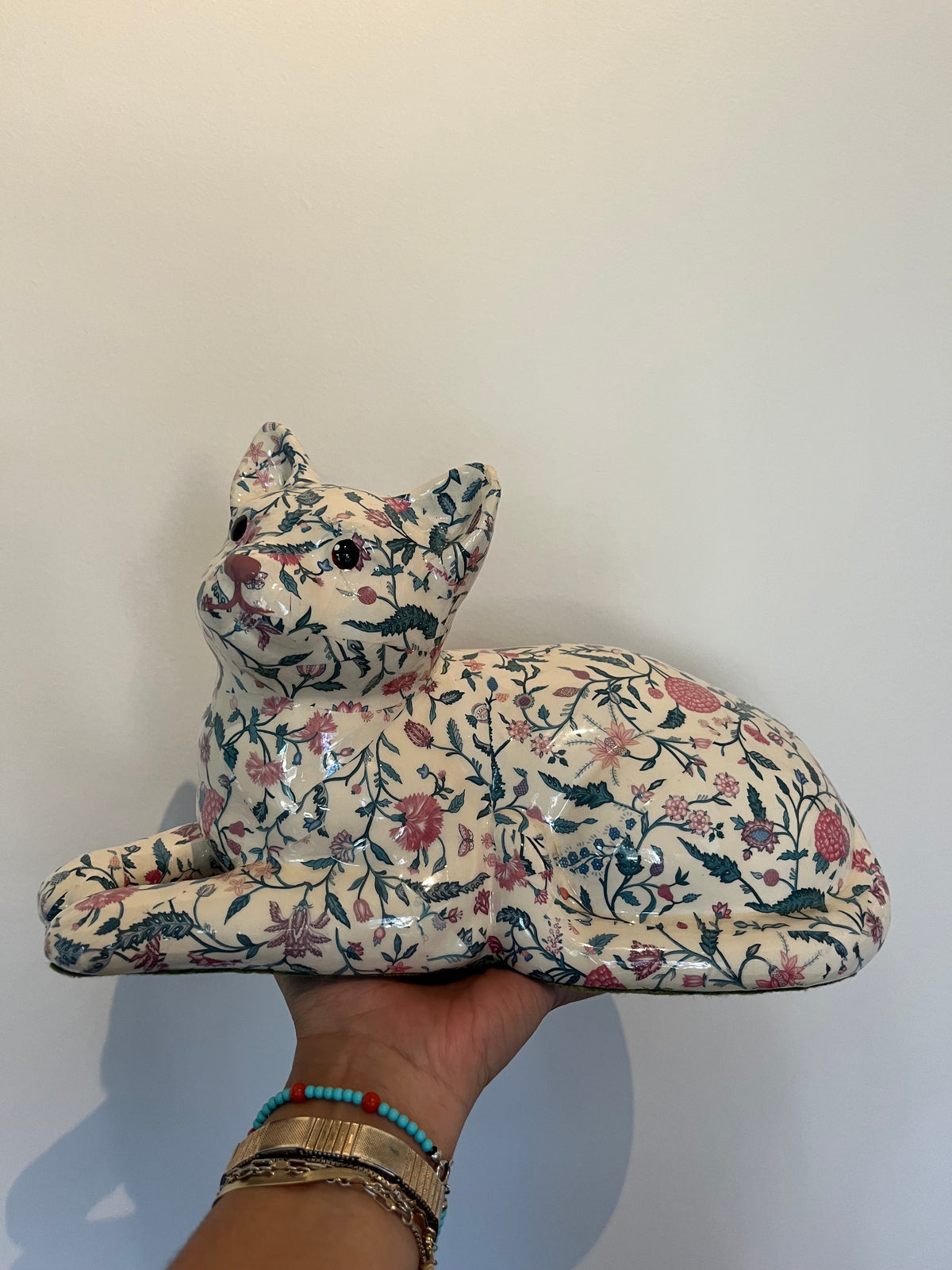 Vintage Floral Ceramic Cat Figurine