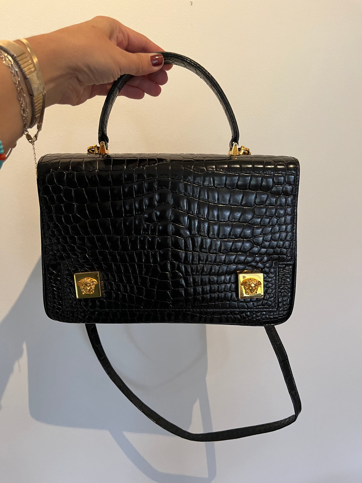 Gianni Versace 1990s Medusa Croc-Embossed Leather Top Handle Bag