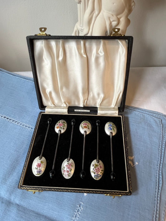Vintage boxed English floral cocktail pick set