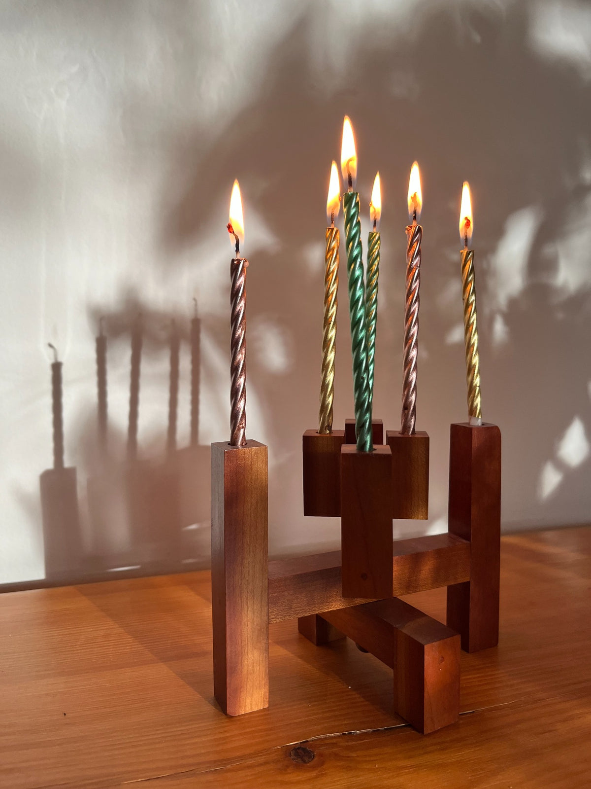 Vintage Geometric Wood Seven-Light Candleholder