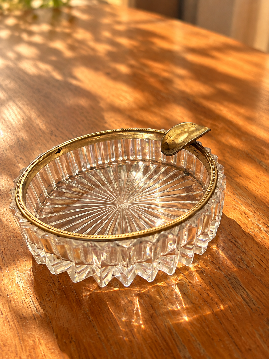 Vintage Cut Glass Ashtray with Brass-Tone Rim