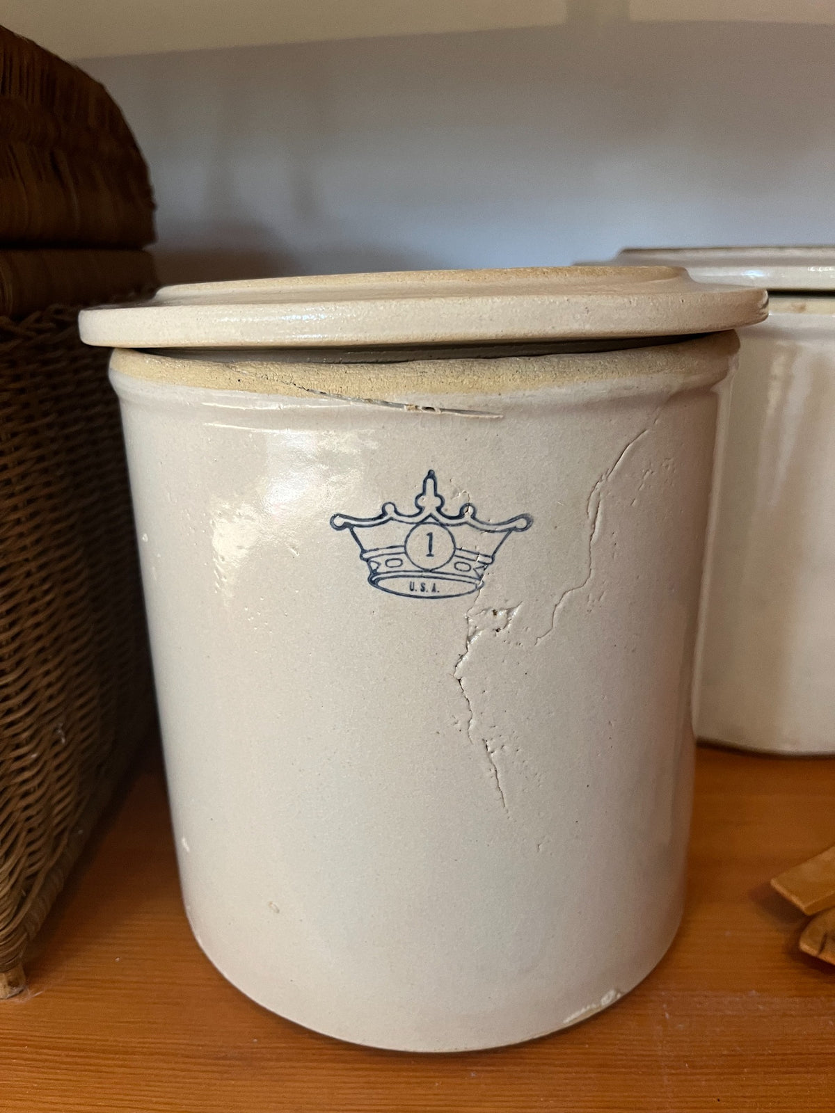 Vintage Crown No. 1 USA Stoneware Crock with Lid
