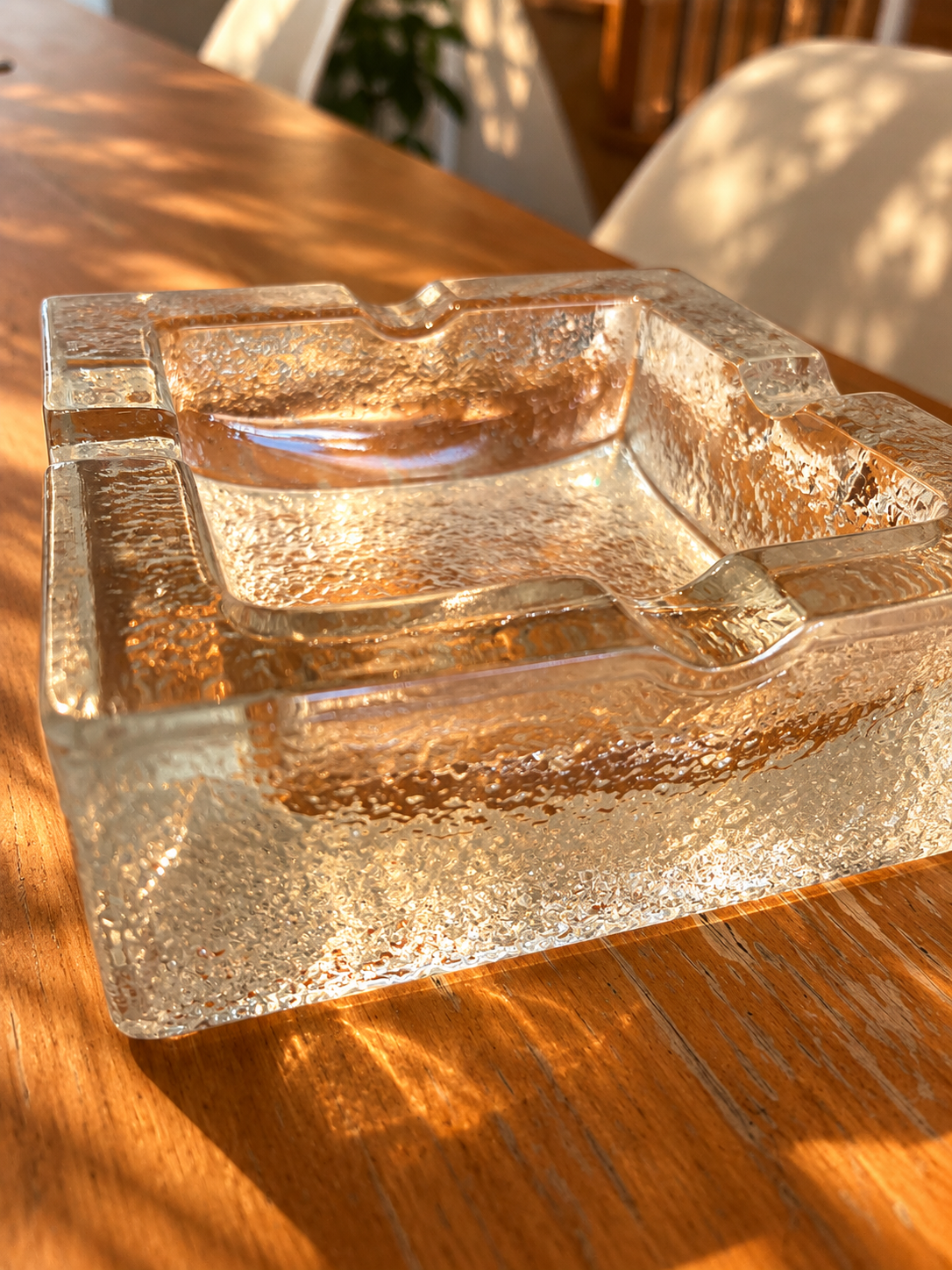 Vintage Textured Clear Glass Square Ashtray