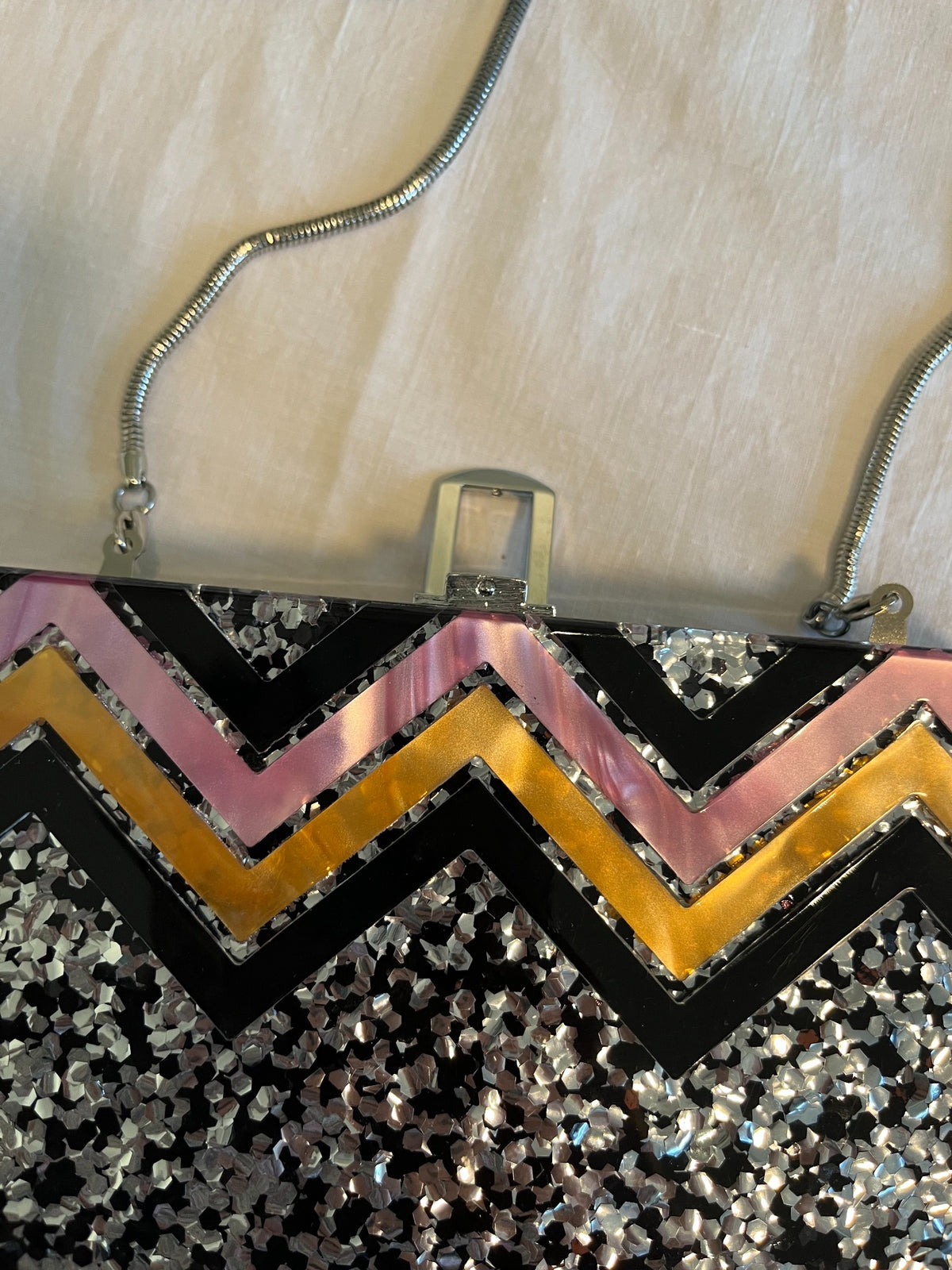 Vintage acrylic chevron glitter box clutch detail