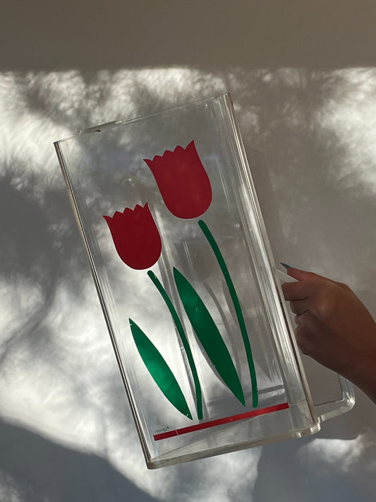 Vintage clear acrylic tray with red tulip motif