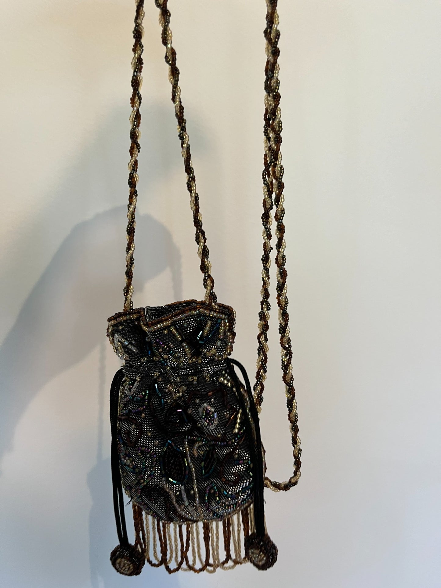 Vintage black beaded drawstring evening bag