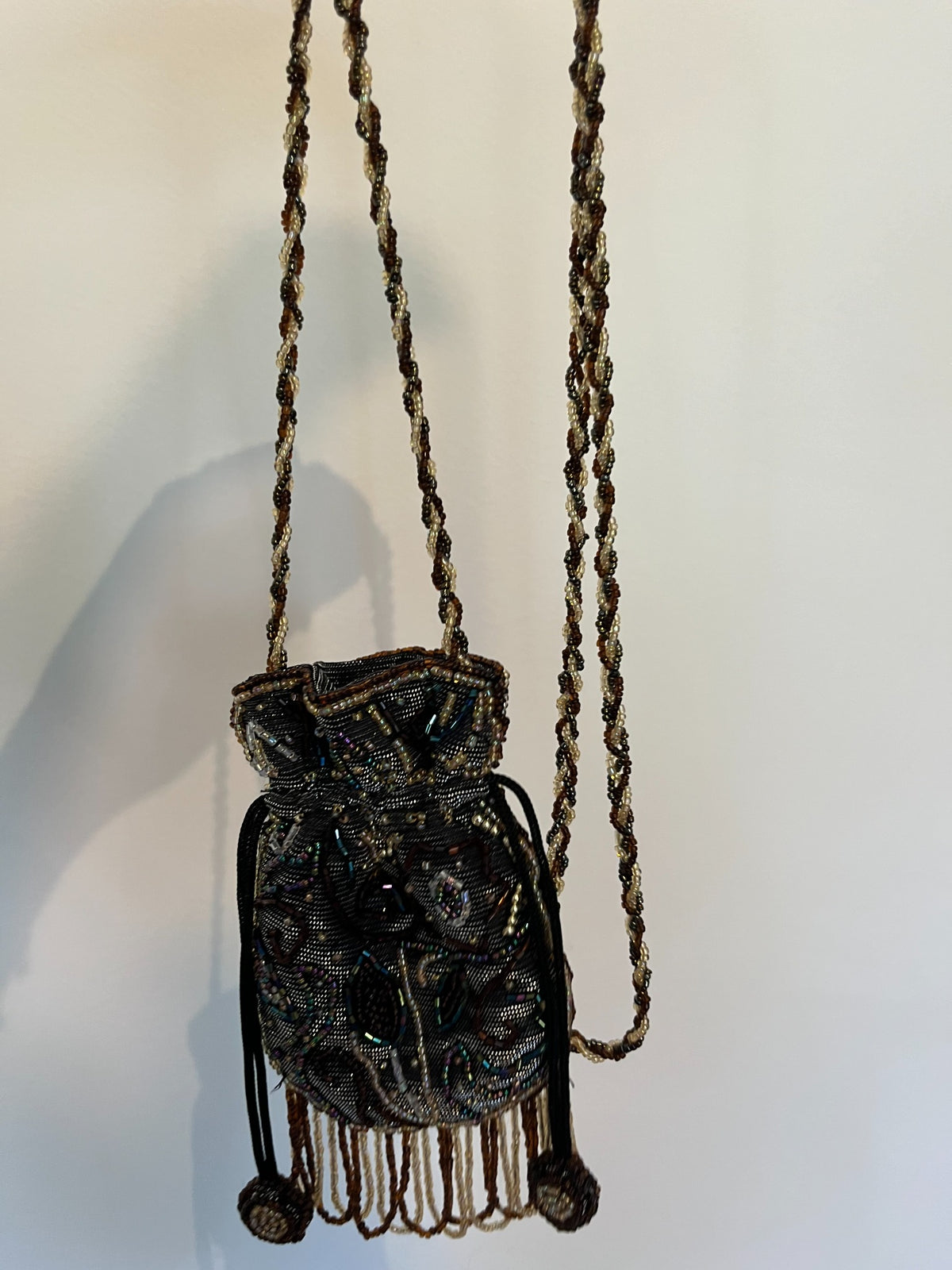 Vintage black beaded drawstring evening bag
