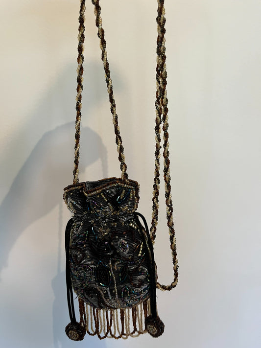 Vintage black beaded drawstring evening bag