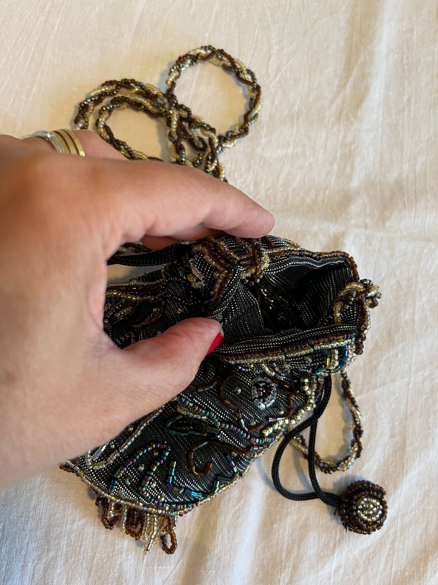 Vintage black beaded drawstring evening bag interior