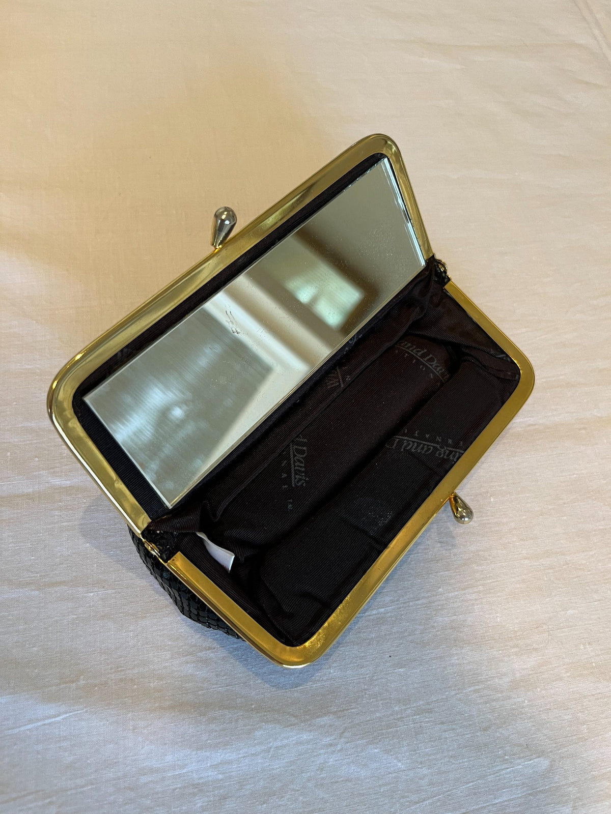 Vintage black metal mesh frame clutch with mirror interior