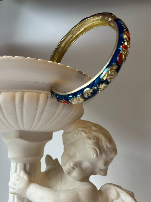 Vintage cobalt blue floral enamel bangle bracelet