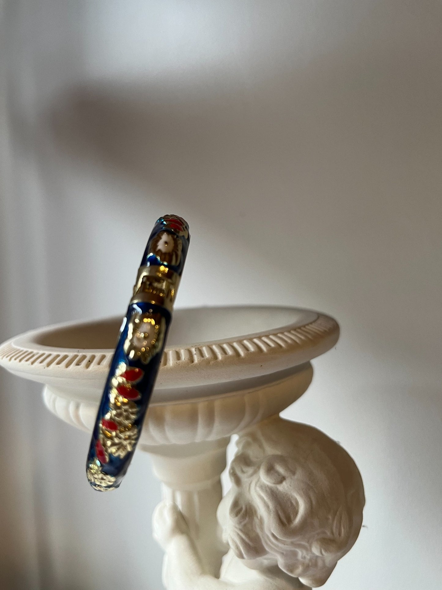 Vintage cobalt blue floral enamel bangle bracelet detail