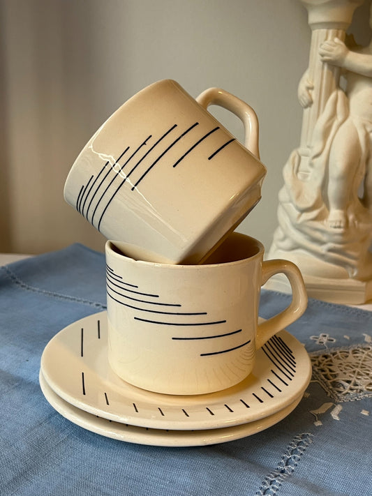 Vintage Made in Brazil cream cups and saucers with black line design