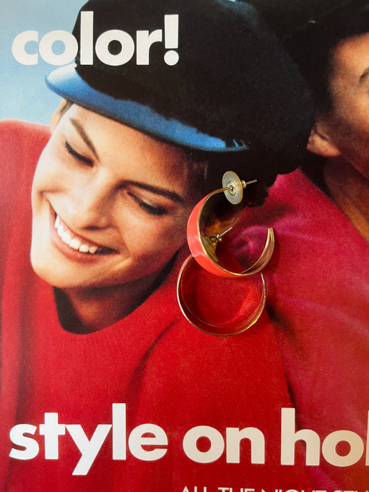 Vintage coral enamel gold-tone hoop earrings