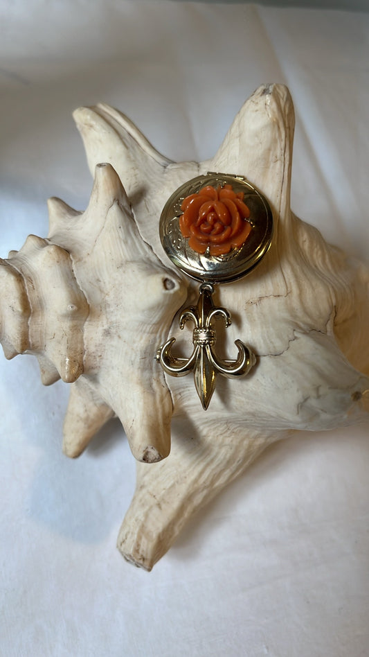 Vintage Coral Rose & Fleur-de-Lis Locket Brooch