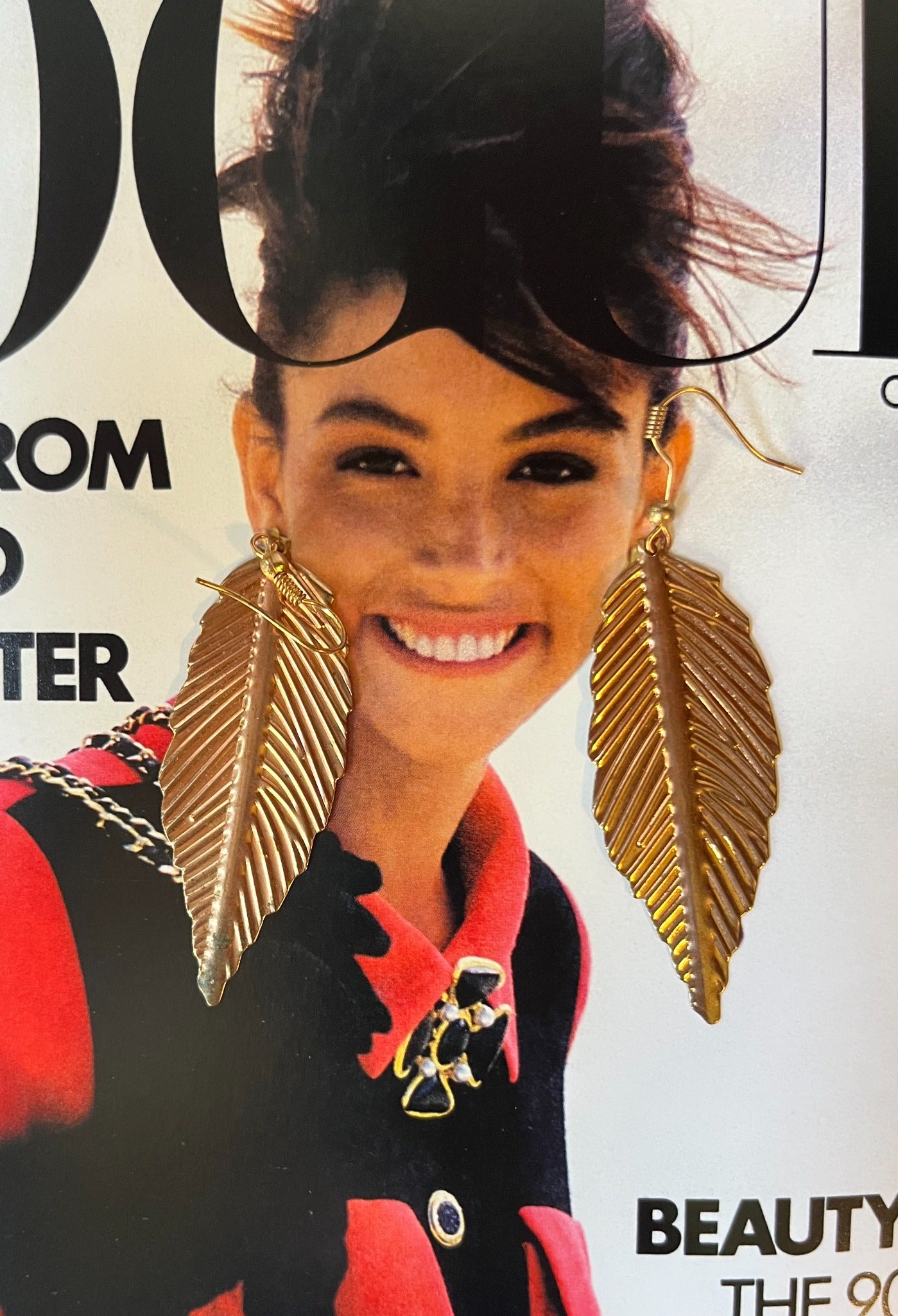 Vintage gold-tone long leaf drop earrings