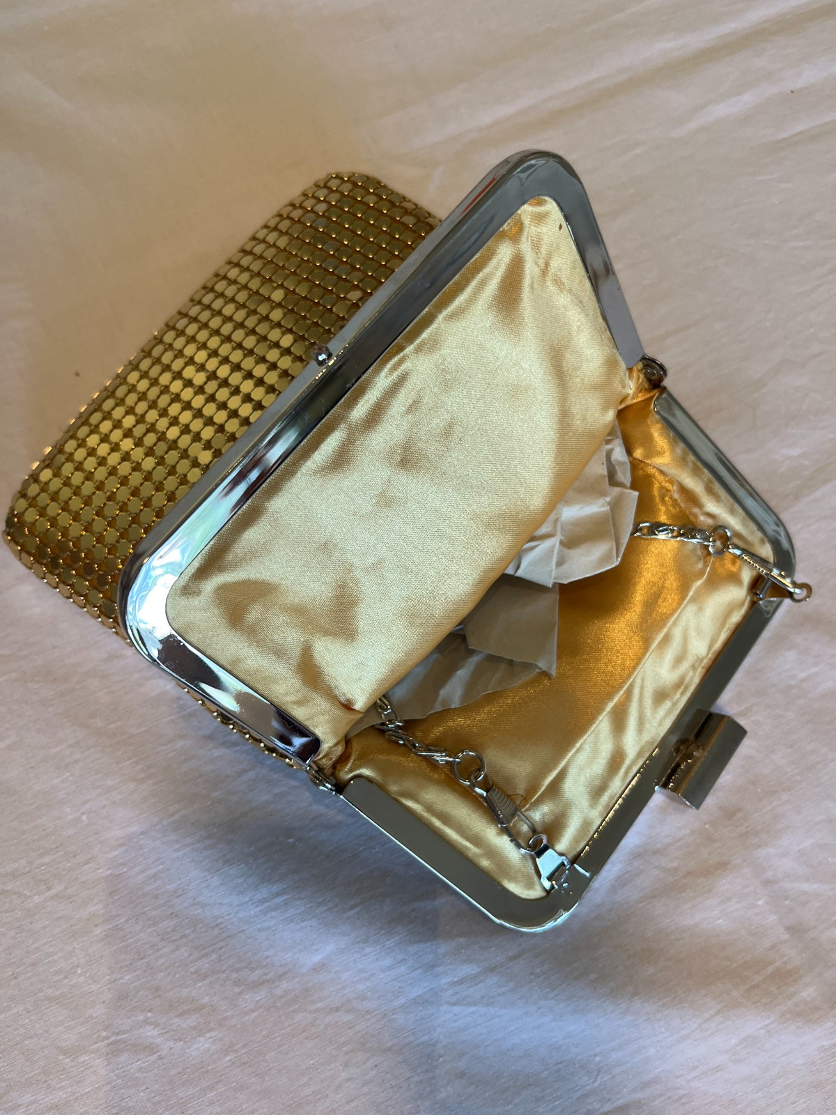 Vintage gold metal mesh evening bag interior