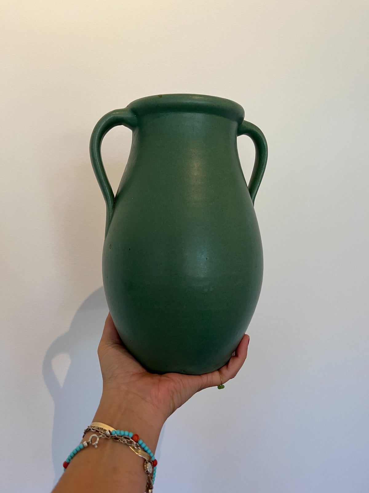 Vintage green double handle ceramic vase
