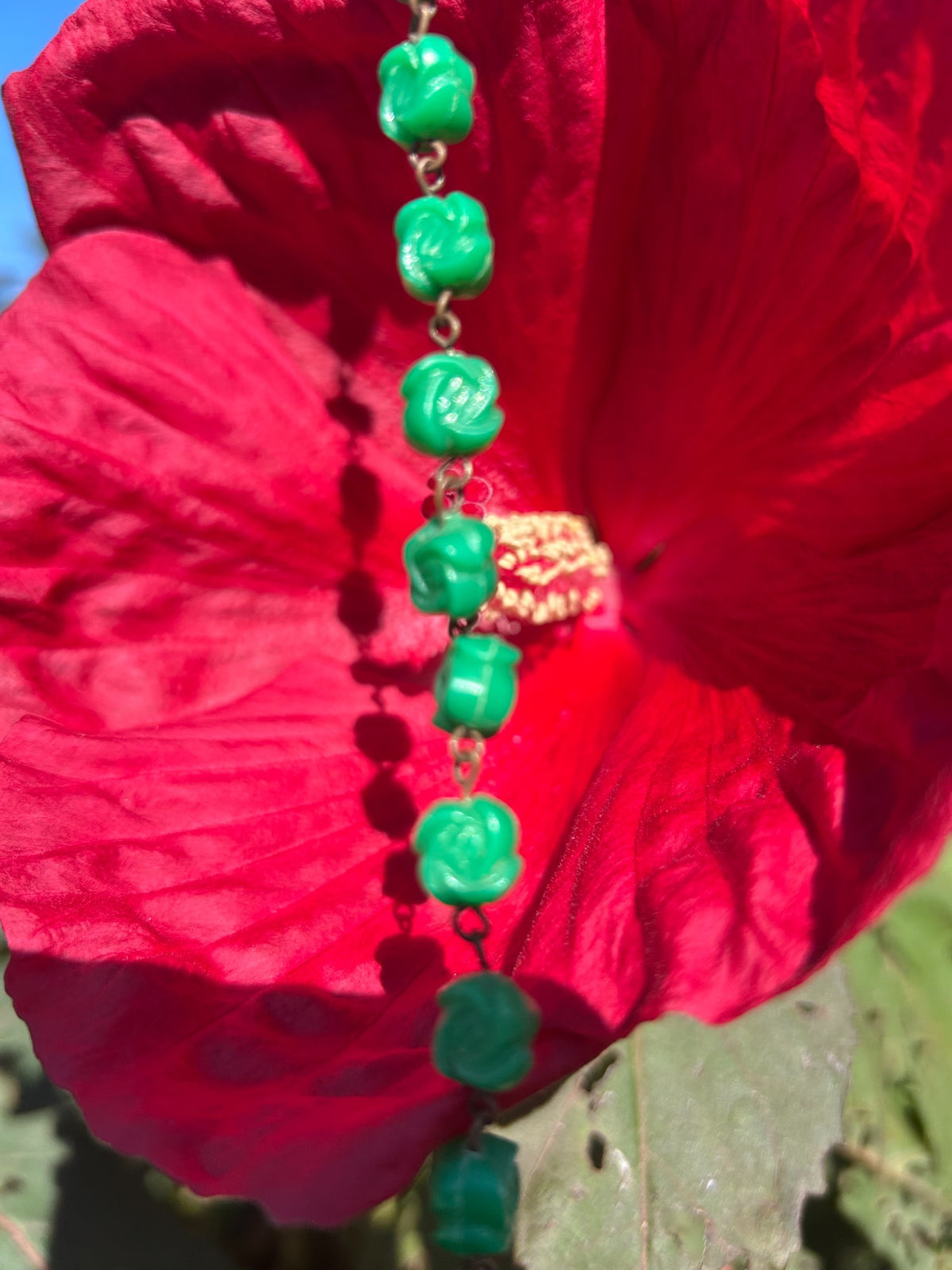 Vintage green rose bead necklace