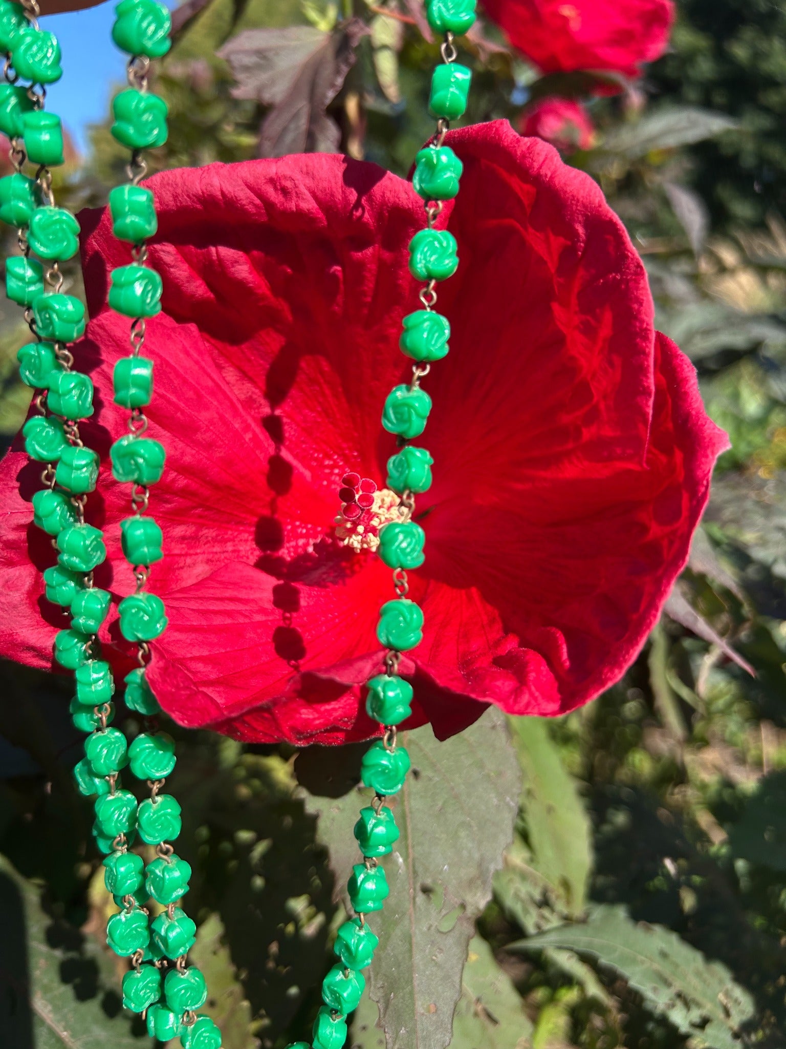 Vintage green rose bead necklace