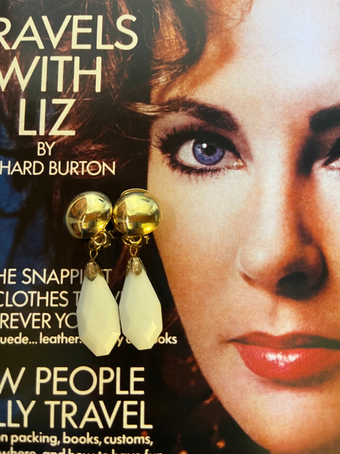 Vintage Ivory Faceted Teardrop Gold-Tone Earrings