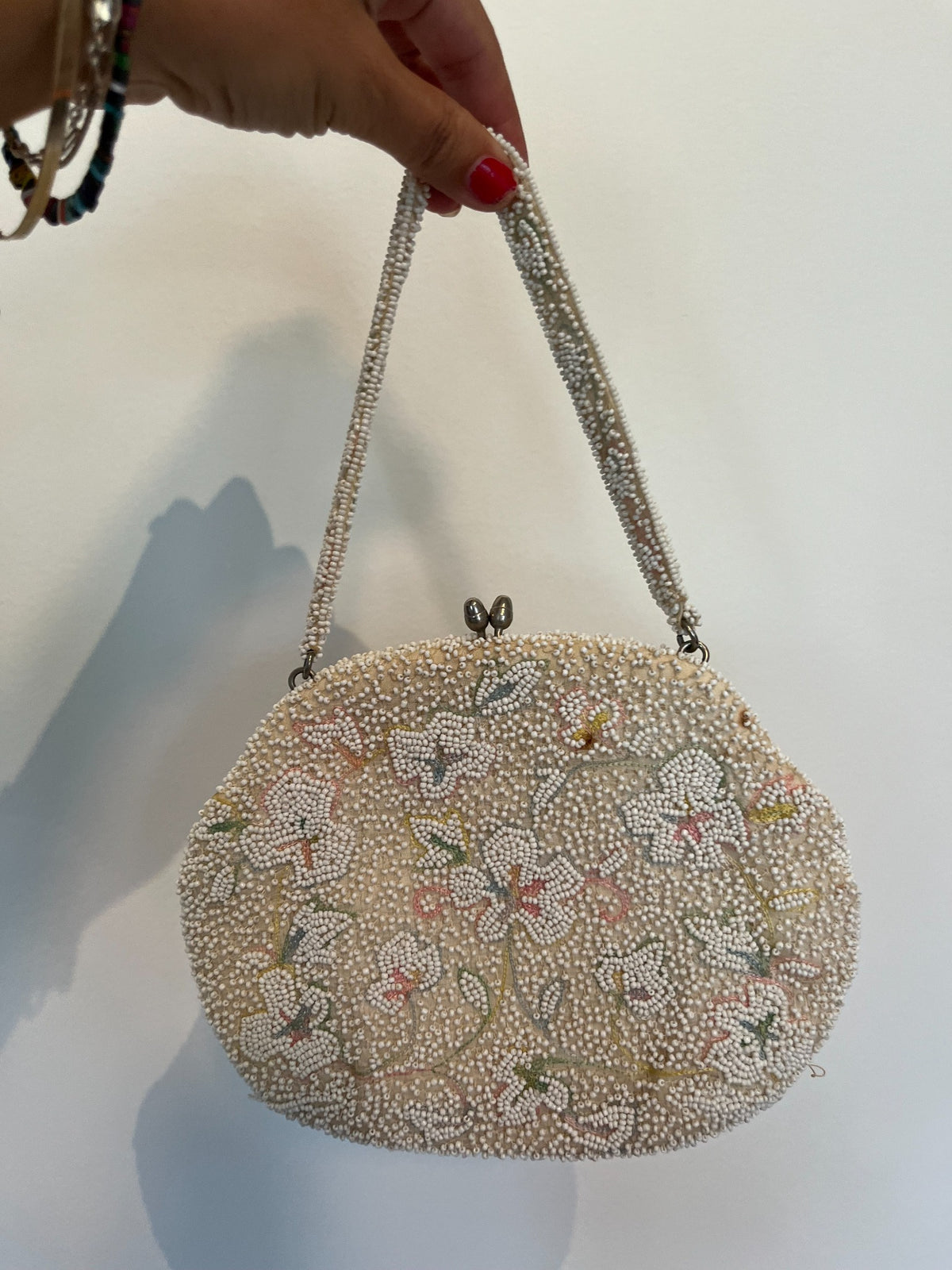 Vintage ivory floral beaded evening bag