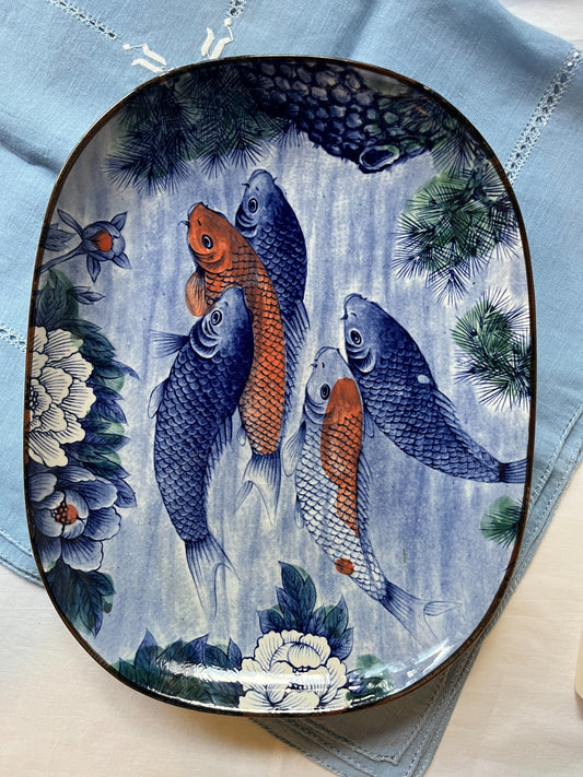 Vintage koi fish ceramic platter front