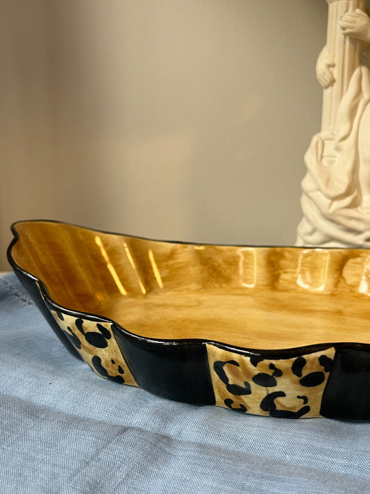Vintage leopard print ceramic serving dish with gold interior