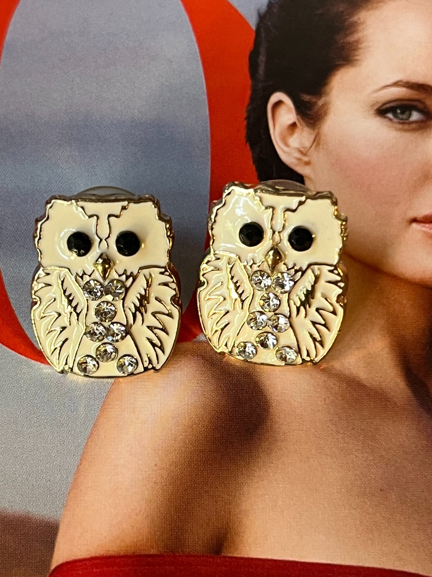Vintage cream enamel owl rhinestone earrings close-up