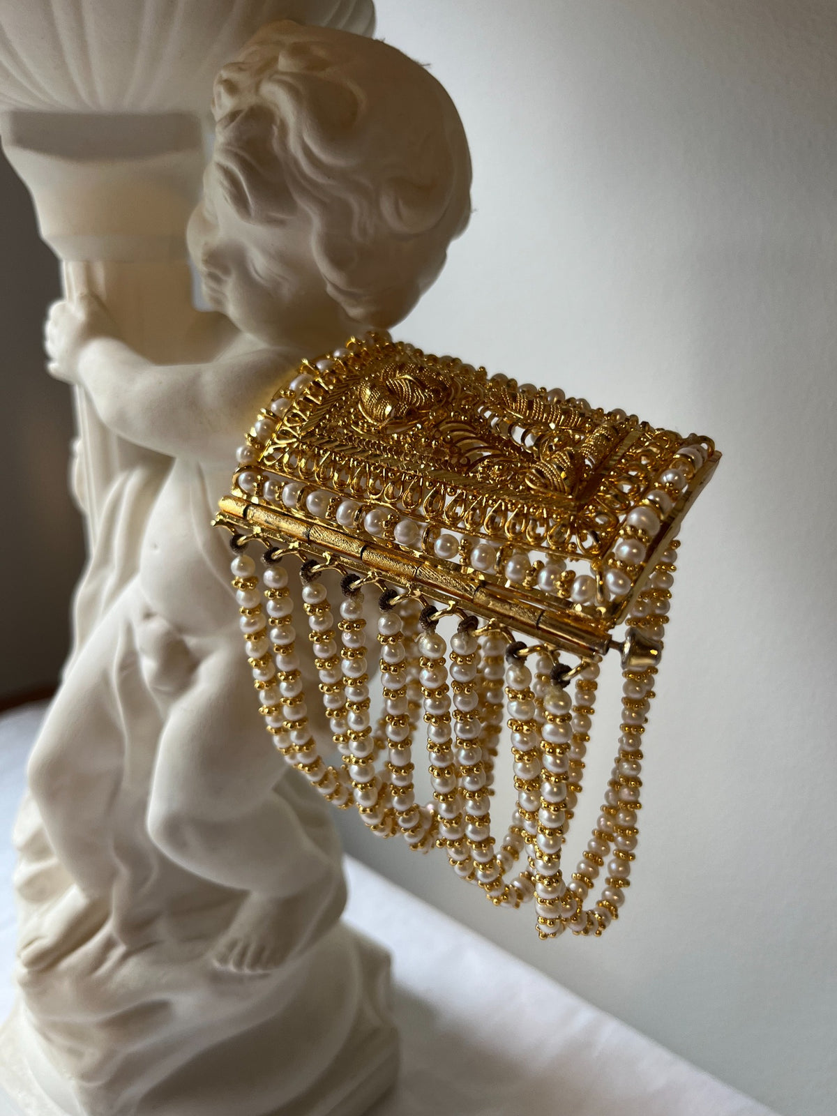 Vintage faux pearl fringe gold-tone cuff bracelet