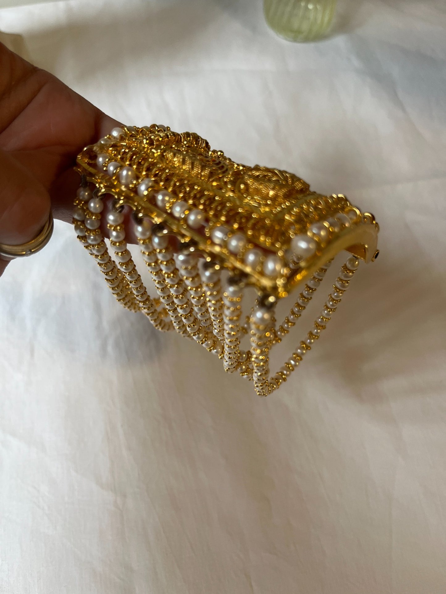 Vintage faux pearl fringe gold-tone cuff bracelet