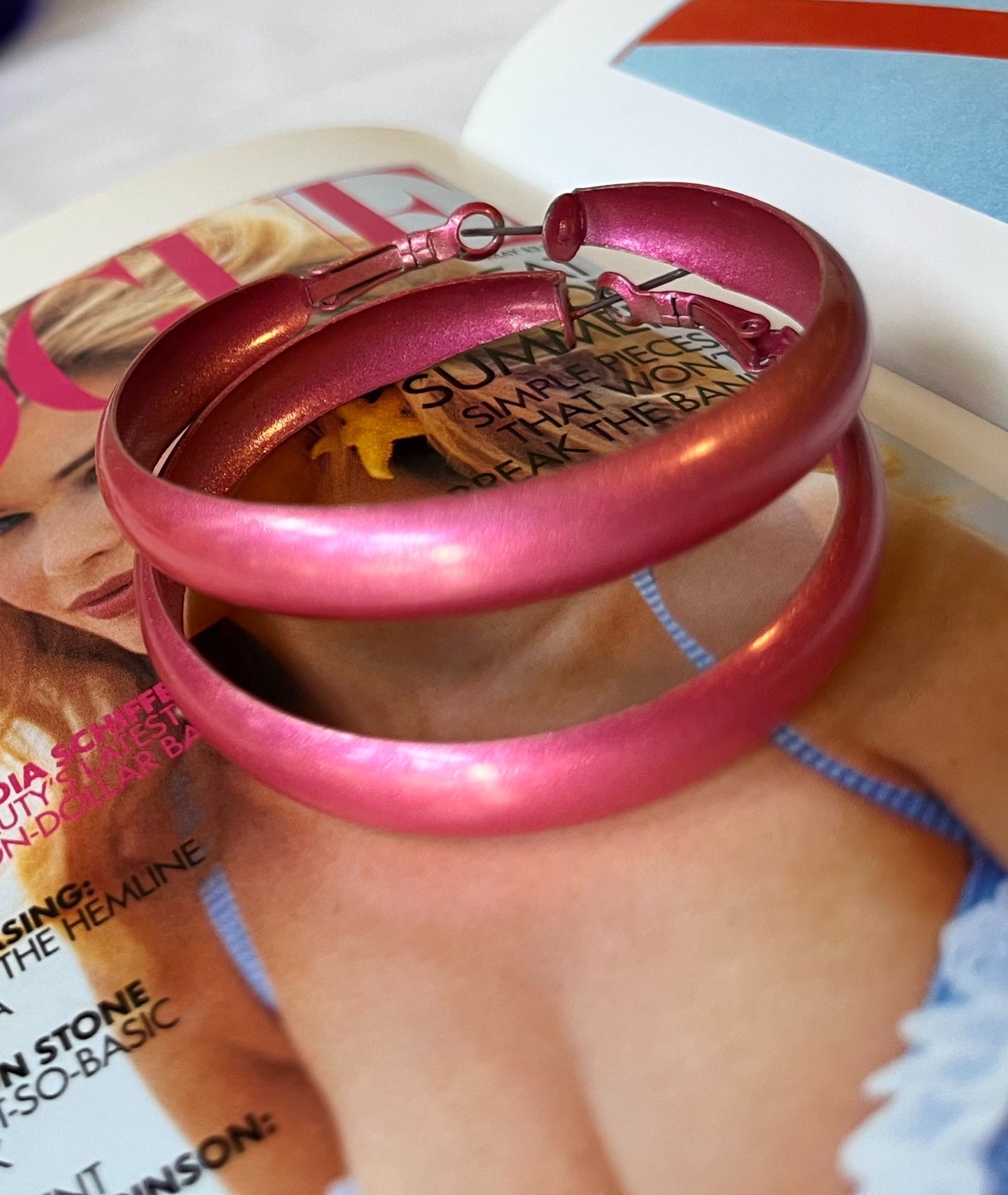 Vintage metallic pink chunky hoop earrings close-up