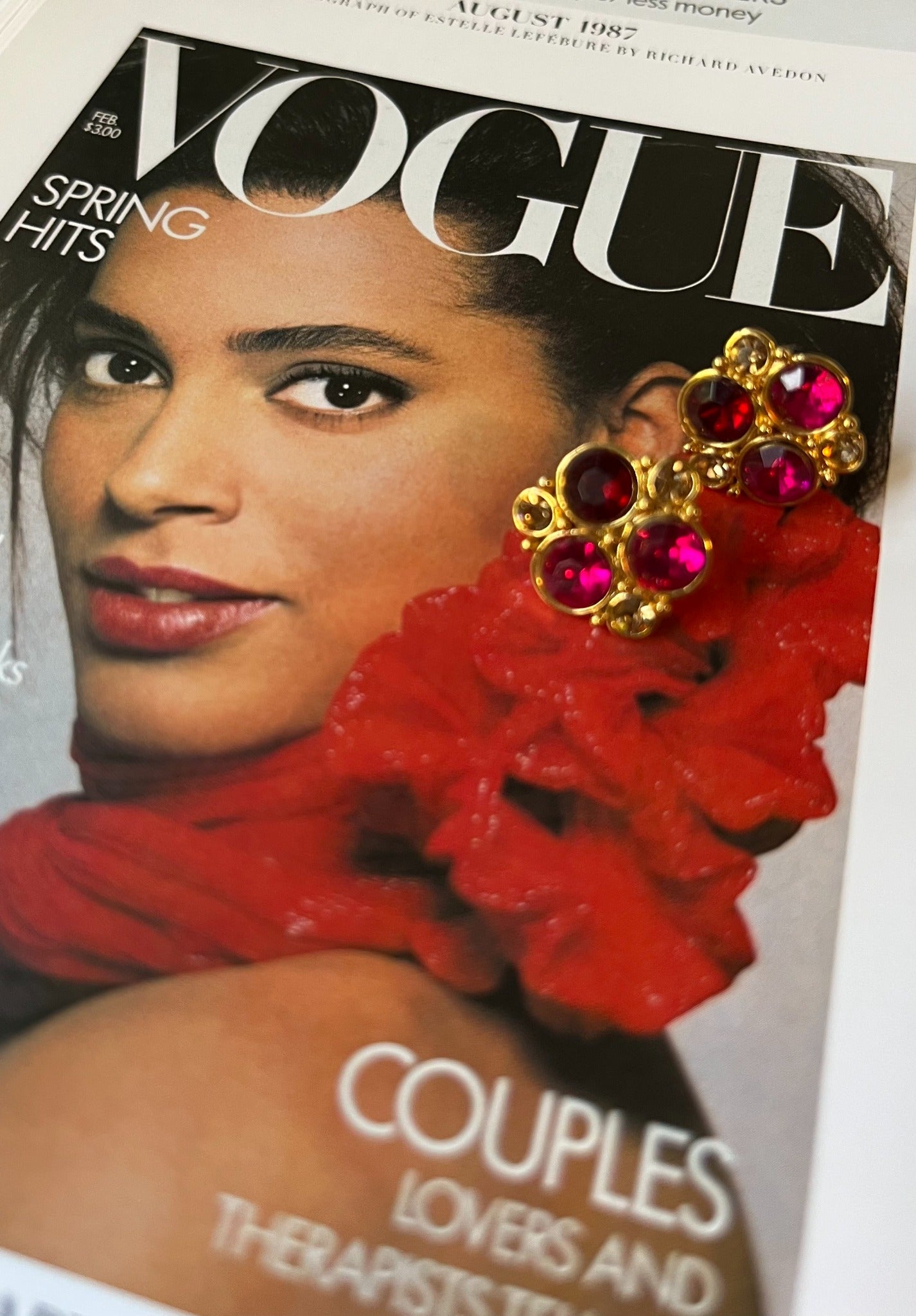 Vintage ruby and fuchsia rhinestone cluster earrings close-up