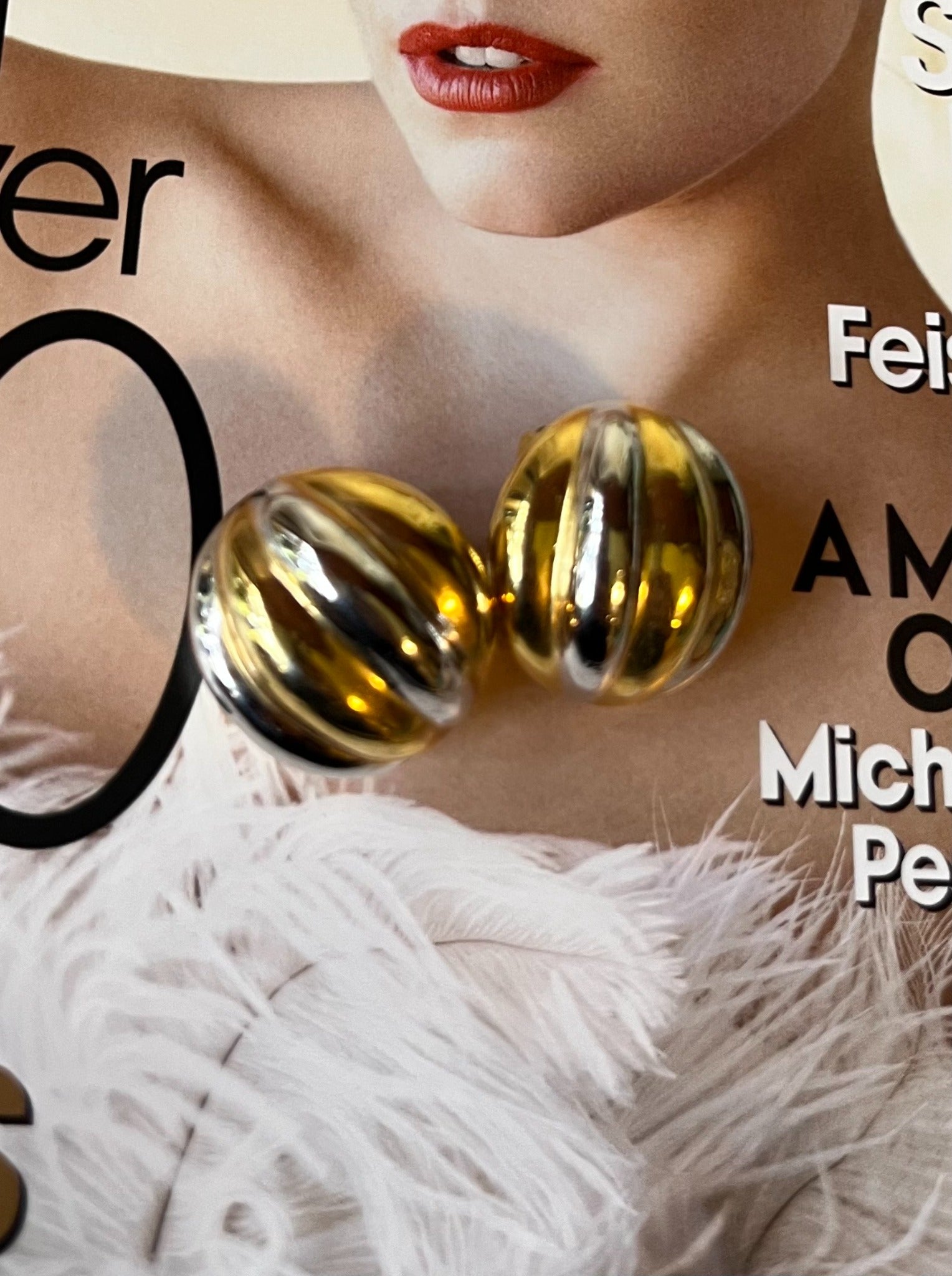 Vintage ribbed gold-tone dome statement earrings