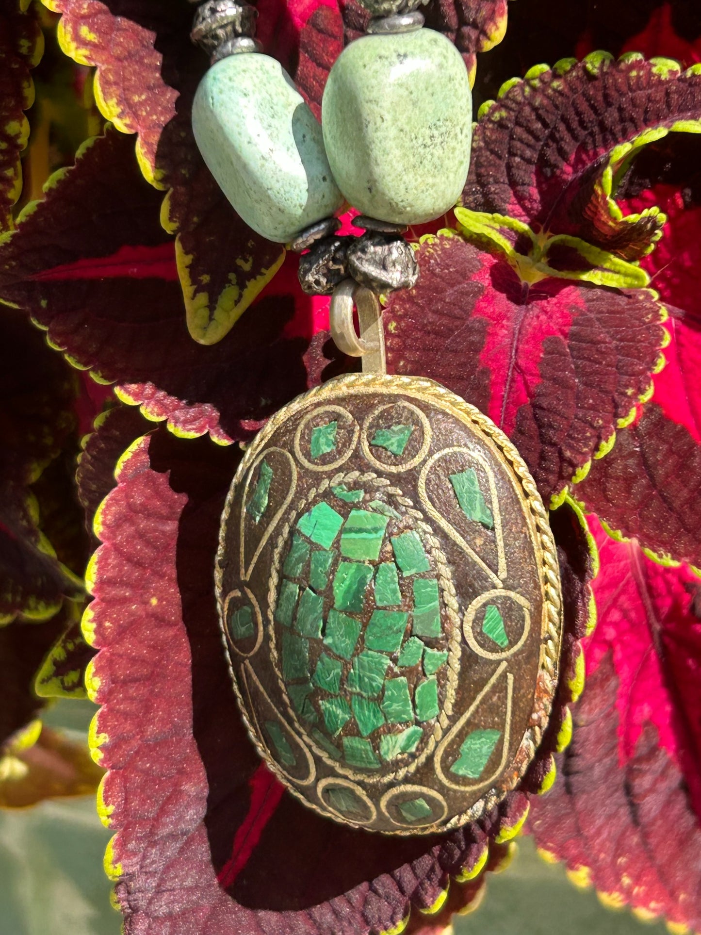 Vintage turquoise mosaic pendant necklace